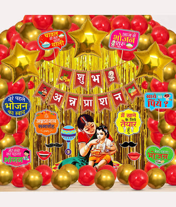 Zyozi ® Shubh Annaprashan Decorations Item | Baby Rice Ceremony Decorations| Rice Ceremony Decorations Combo - Banner, PhotoBooth Props, Foil Balloons (Pack Of 51)