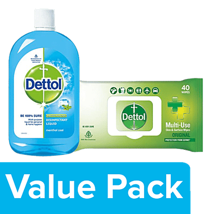 Dettol Disinfectant Skin & Surface Wipes, Original 40 Count + Menthol Cool, 500 ml, Combo 2 Items