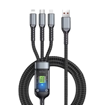 3-in-1 USB Fast Charging Cable, 5Amp |100W Power Delivery, LED Display, Braided Nylon, 1.2m Type C Cable for Smartphones, Tablets, Laptops & other Type IOS devices, 480Mbps Data Sync, Quick Charge 3.0 3-in-1 USB Fast Charging Cable, 5Amp |100W Power Delivery, LED Display, Braided Nylon, 1.2m Type C Cable for Smartphones, Tablets, Laptops & other Type IOS devices, 480Mbps Data Sync, Quick Charge 3.0