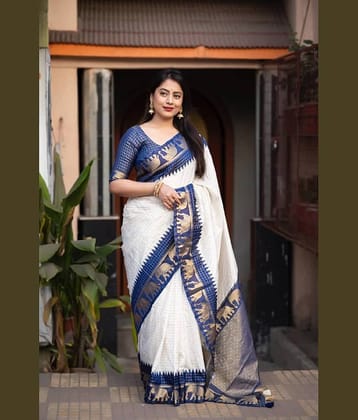 Aika Banarasi Silk Embellished Saree With Unstitched Blouse Piece ( White )