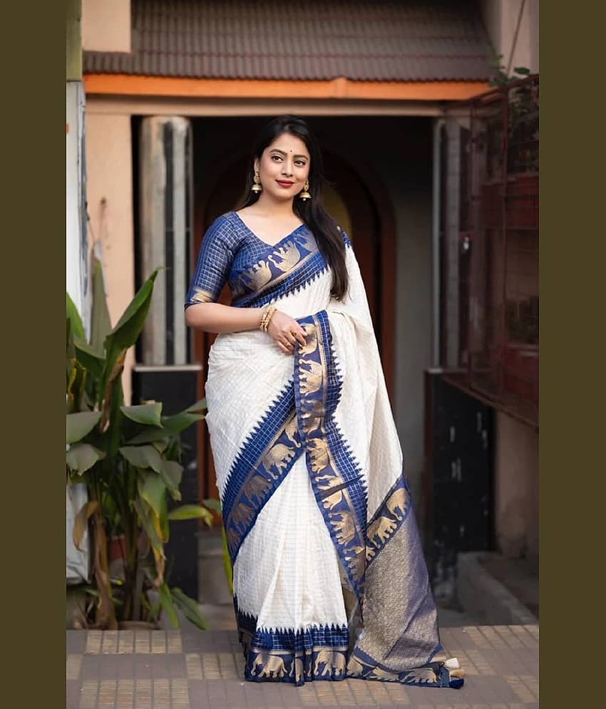 Aika Banarasi Silk Embellished Saree With Unstitched Blouse Piece ( White )