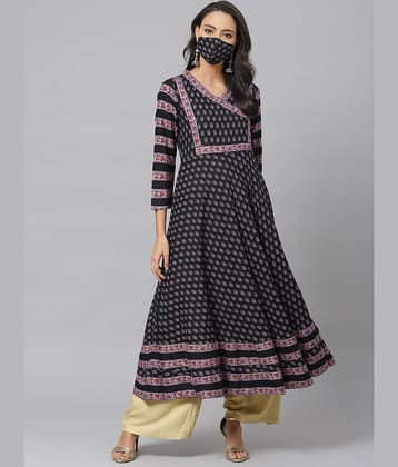 Yash Gallery Pack of 1 Rayon Printed Angrakha Women's Kurti - ( Black )