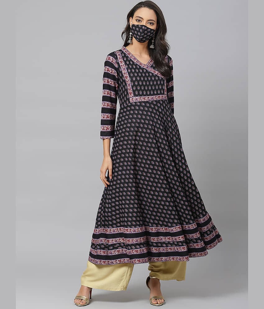 Yash Gallery Pack of 1 Rayon Printed Angrakha Women's Kurti - ( Black )