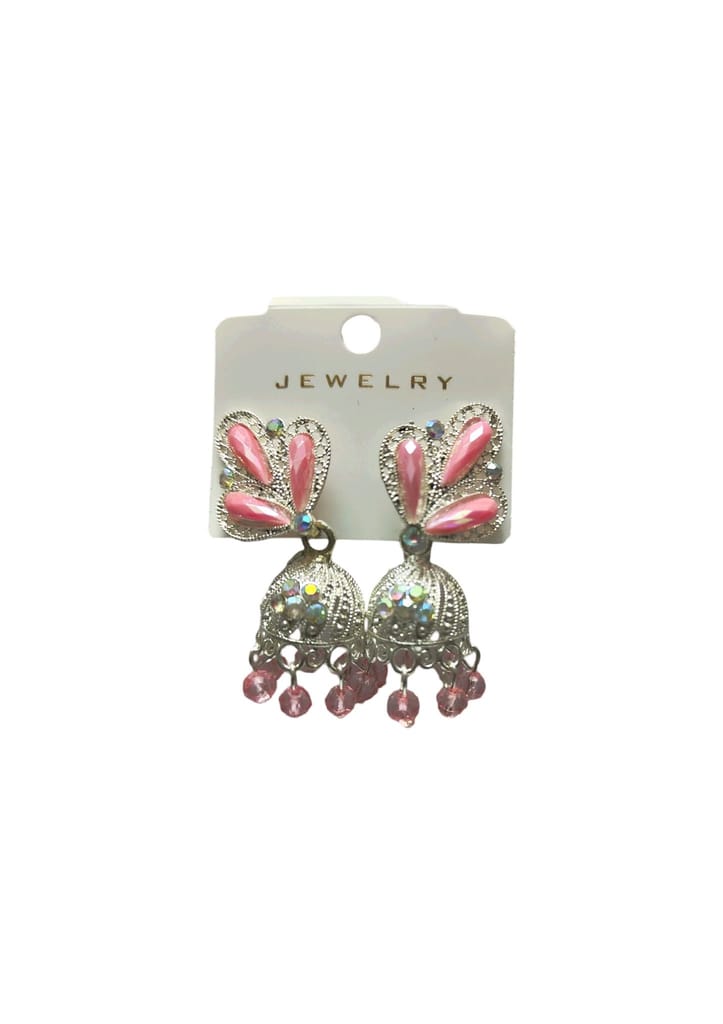 oxidized silver jhumka earrings with pink stones and beads