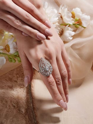 White Rhodium Toned Zircon Studded  Adjustable Designer Cocktail Wedding Finger Ring