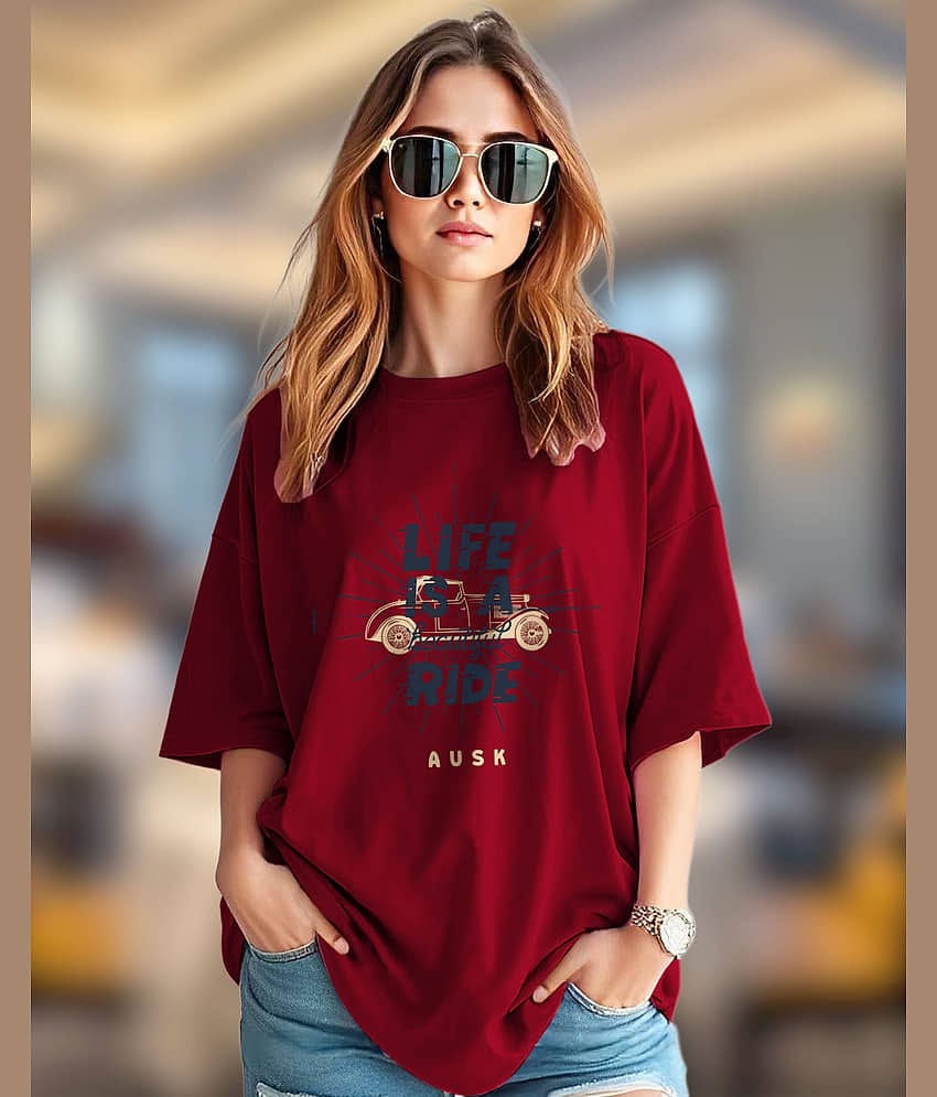 ENITOR Women Cotton Blend Printed Oversized Fit Round Neck T-Shirt ( Maroon )