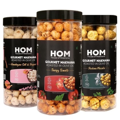 GOURMET MAKHANA Roasted in Olive Oil | Flavors Tangy Tomato, Pudina Masala, Himalayan Salt and Pepper | Combo Of 3, 65g Each. - 195 gm