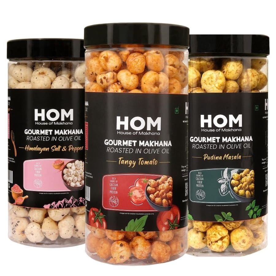 GOURMET MAKHANA Roasted in Olive Oil | Flavors Tangy Tomato, Pudina Masala, Himalayan Salt and Pepper | Combo Of 3, 65g Each. - 195 gm