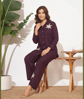 Canblar Women Embroidered Shirt With Palazzos Co-Ord Set ( Purple )