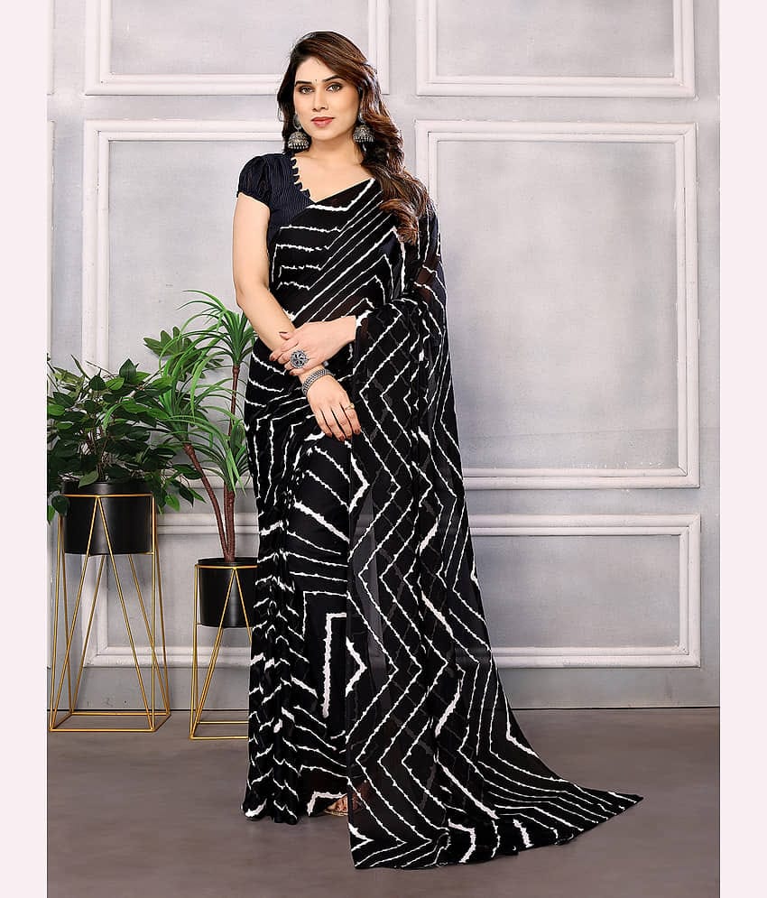 ANAND SAREES Georgette Printed Leheriya Saree With Unstitched Blouse Piece ( Black )