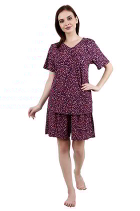 Rice Printed Night Suit Set with Shorts-Purple-L / L / Purple