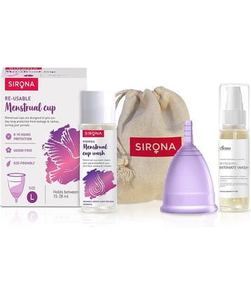 Sirona Reusable Menstrual Cup - Large Size With Pouch, 15ml Mini Intimate Wash & Cup Wash, Ultra Soft, Odour & Rash Free