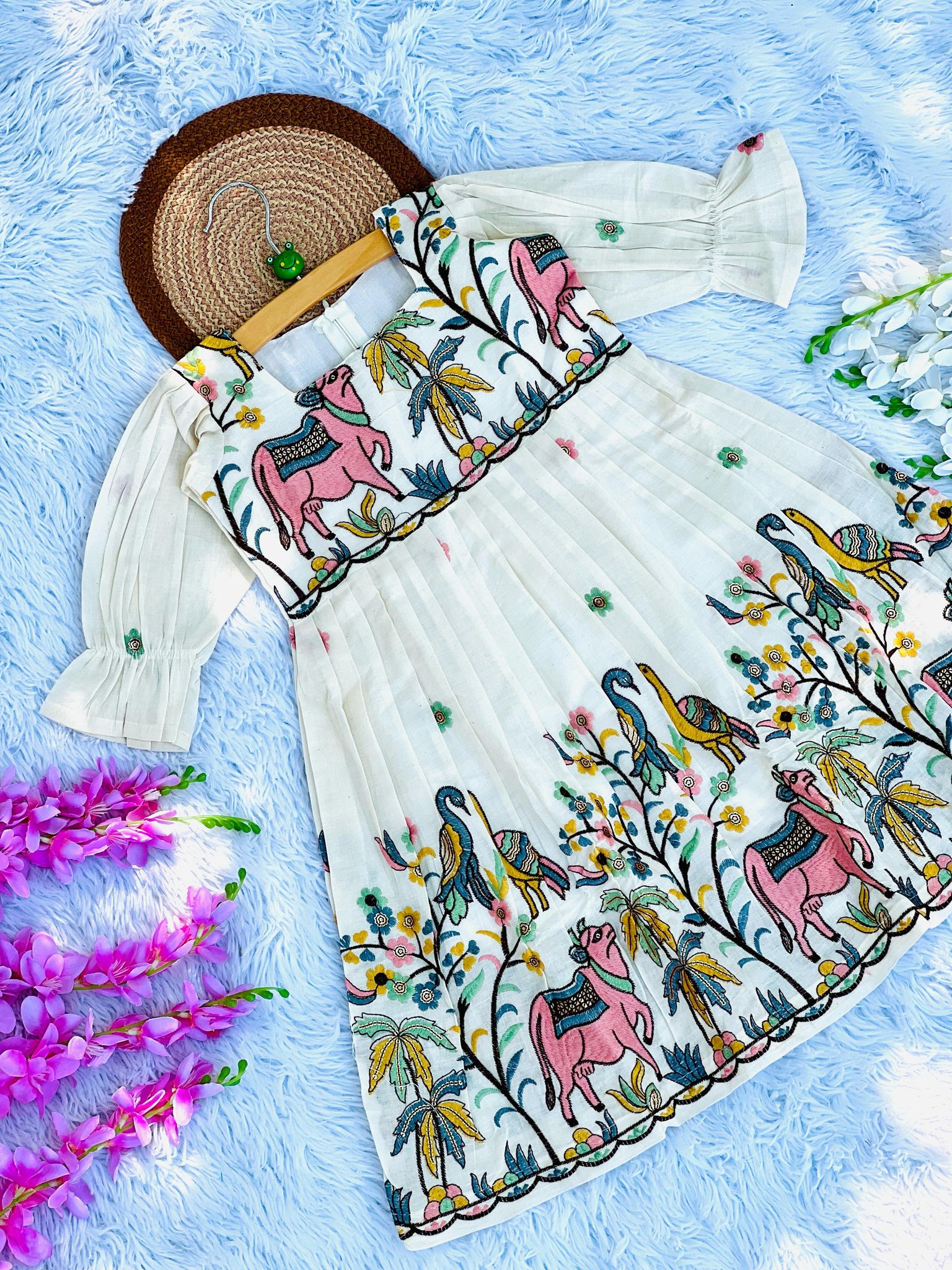 Exquisite  Embroidery Work Pure Khadi Cotton Kids Sleeve Frock-Off White / 0-3 Month