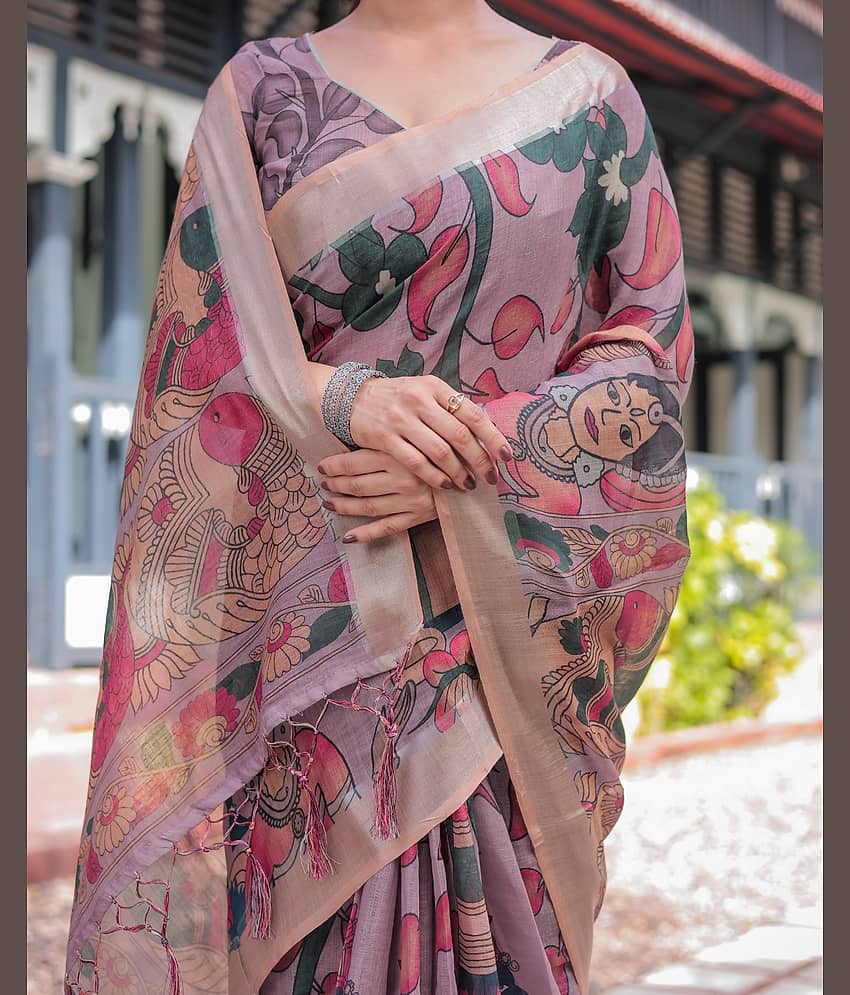 Almaari Fashion Linen Printed Saree With Unstitched Blouse Piece ( Multicolor )