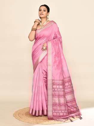 Pink Soft Silk Baluchari Saree – Leaf Print Trend | Elora