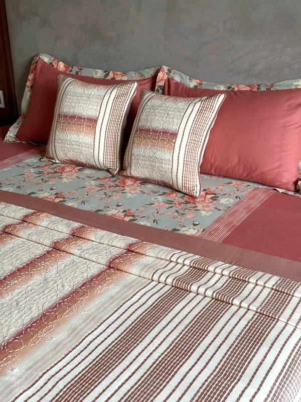 KRI India Bloom Peach Stripe embroidered Bedcover Set | Ivory and Peachish Orange  | 108x108 inches  | Wash & Care | 100% Cotton | Handcrafted in India. 100% organic & natural.