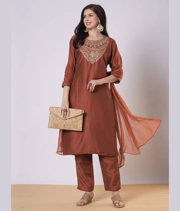 YAGNIK FASHION Women Rayon Embroidered Straight Kurti With Pants ( Brown )