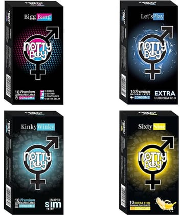 NottyBoy Ribs Dots Contour Extra Time Slim Lube and Banana Flavour Condoms - 40 Pcs