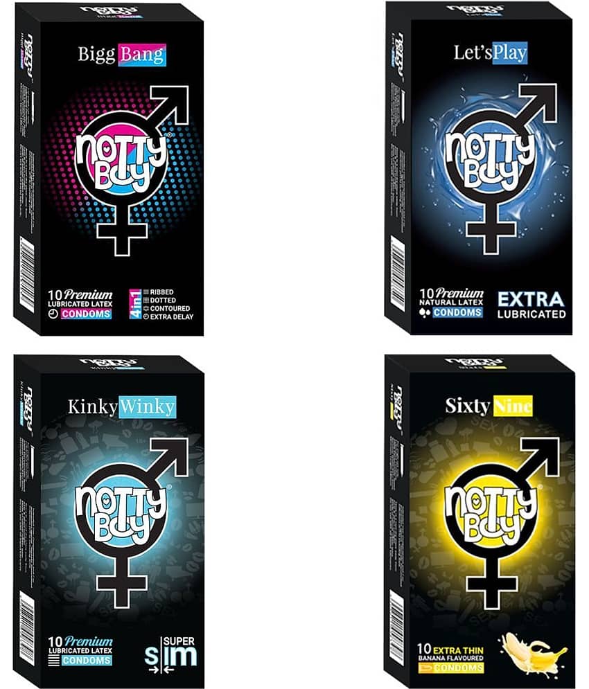 NottyBoy Ribs Dots Contour Extra Time Slim Lube and Banana Flavour Condoms - 40 Pcs