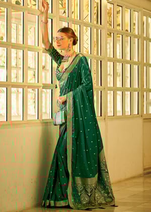 Dazzle Green Woven Banarasi Satin Silk Saree With Brocade Blouse