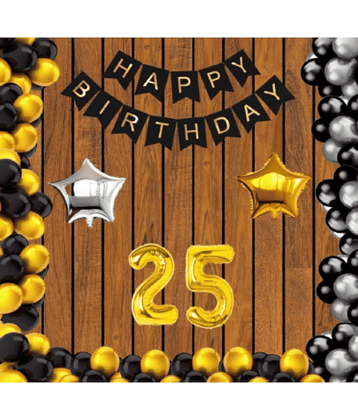 Jolly Party   25 no Gold Foil Balloons + Happy Birthday Decoration Black Banner Set of 13 Letters with 30 HD Metallic Gold , Silver & Black Balloons + 1 Gold & 1 Silver Star Foil Balloons Pack of 47