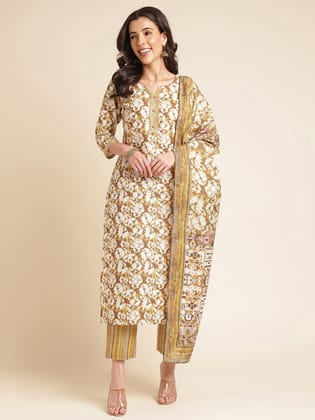 Brown Floral Printed A-line Muslin Kurta Set-S