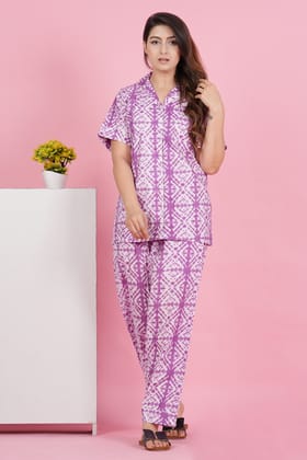 Pretty Purple Geometric Print Half Sleeve Pyjama Set-S / Purple / 100% Cotton