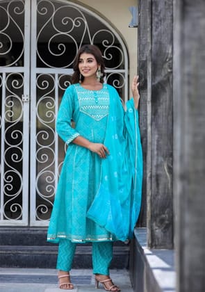 Blue Chunri Print Anarkali set with Dupatta-S