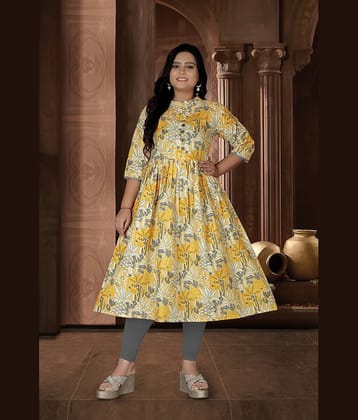 RIAANA Women Cotton Printed Anarkali Kurti ( Yellow )