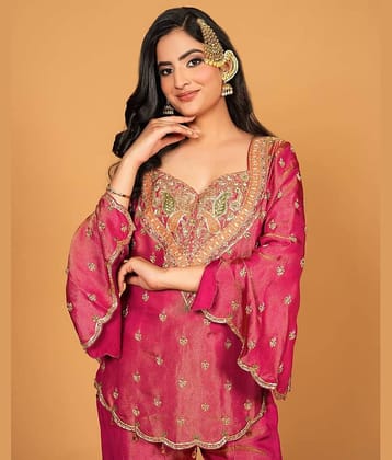 YASHASVI ENTERPRISE Women Silk Embroidered Ethnic Motifs Kurti With Alladin Salwar ( Pink )