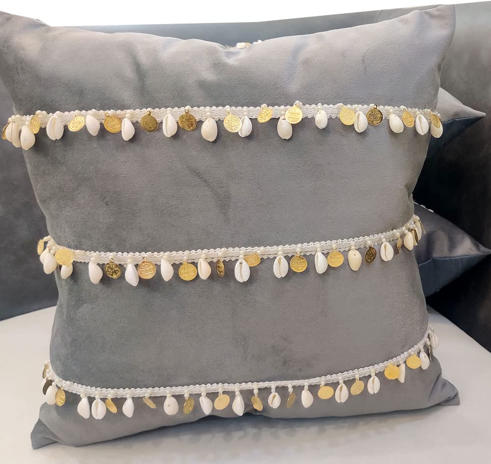 GOODVIBES 16X16 Inches Grey Velvet Shellwork Square Cushion Cover with Lace for Décor Sofa Couch Living Room Bedroom Farm House Indoor Outdoor | 40cm * 40 cm I Set of 3|