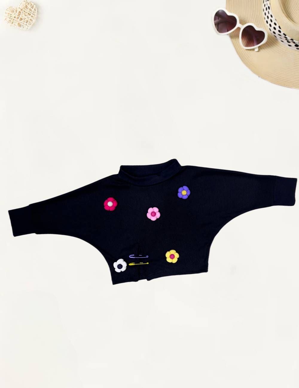Girl’s Turtle Neck Flower Patch Top [GT-460] (4-12Years)-7-8Y (Size - 30) / Black / Imported