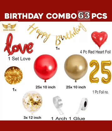 KR 25TH HAPPY BIRTHDAY DECORATION WITH BUNNTING BANNER1, 1LOVE 4 RED HEART 25 RED 25 GOLD BALLOON 1 NET CURTAIN 1 LIGHT 1ARCH 1 GLUE 3 CONFETTI BALLOON 25 NO. GOLD FOIL BALLOON