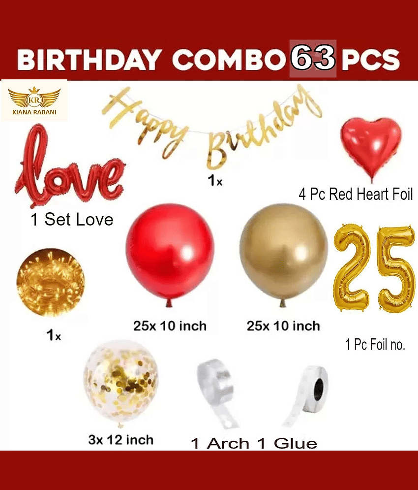 KR 25TH HAPPY BIRTHDAY DECORATION WITH BUNNTING BANNER1, 1LOVE 4 RED HEART 25 RED 25 GOLD BALLOON 1 NET CURTAIN 1 LIGHT 1ARCH 1 GLUE 3 CONFETTI BALLOON 25 NO. GOLD FOIL BALLOON