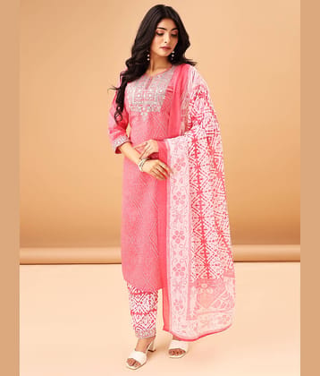 TRAHIMAM Women Cotton Blend Printed Straight Kurti With Pants ( Pink )