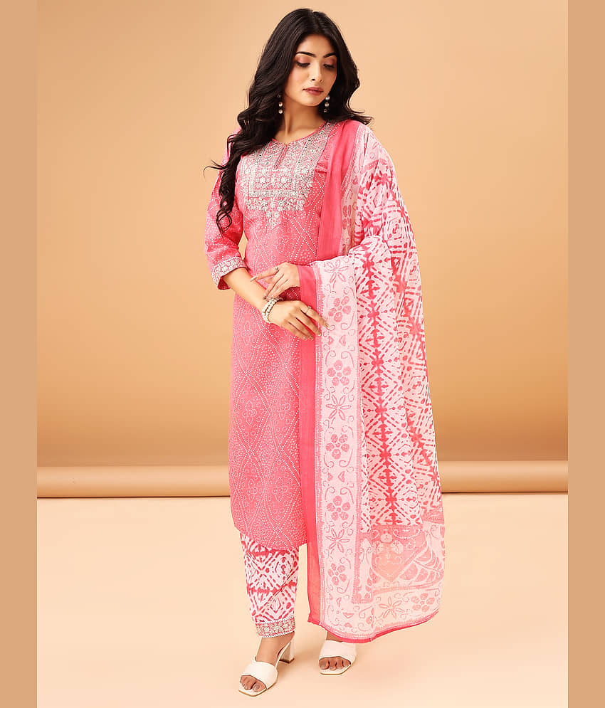 TRAHIMAM Women Cotton Blend Printed Straight Kurti With Pants ( Pink )