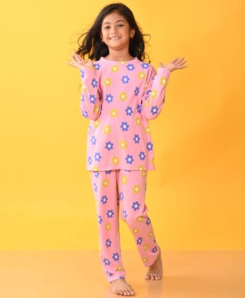 FLOWER PINK LONG SLEEVES GIRLS PYJAMA SET - PINK-6-12 MONTHS / 2N / PINK