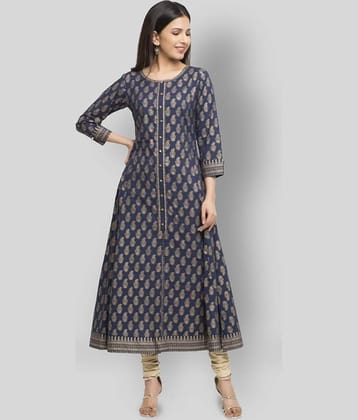 Yash Gallery Pack of 1 Cotton Printed Flared Women's Kurti - ( Blue )