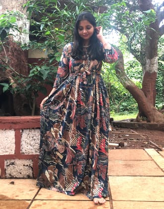 Multi Flower - Peacock Blue Brown - Maternity Kurti with Feeding Zips - Soft Rayon-36 - 38 ( S - M )