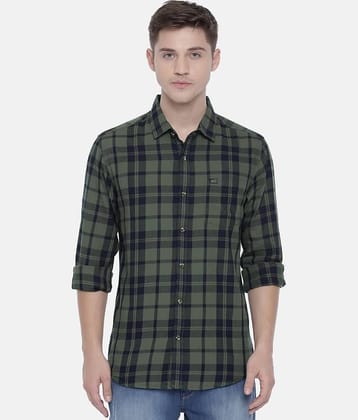 The Indian Garage Co Men Olive Green & Navy Blue Regular Fit Checked Casual Shirt