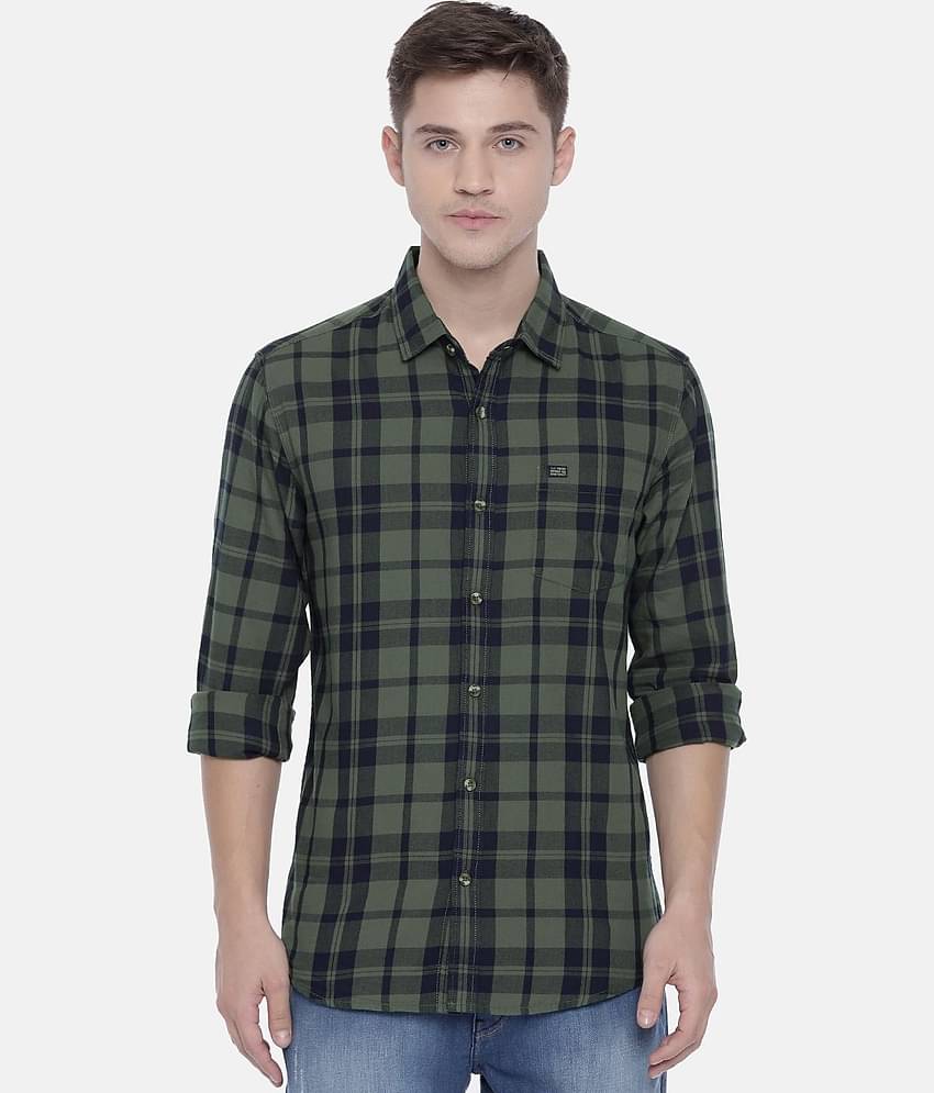 The Indian Garage Co Men Olive Green & Navy Blue Regular Fit Checked Casual Shirt