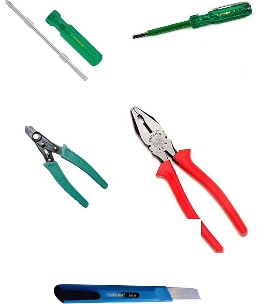 TAPARIA  Set of 5 Hand Tool Combo (Pliers 210mm/2in1 Screw Driver/Wire Stripper/ Neon Bulb Tester/Snap off Cutter)