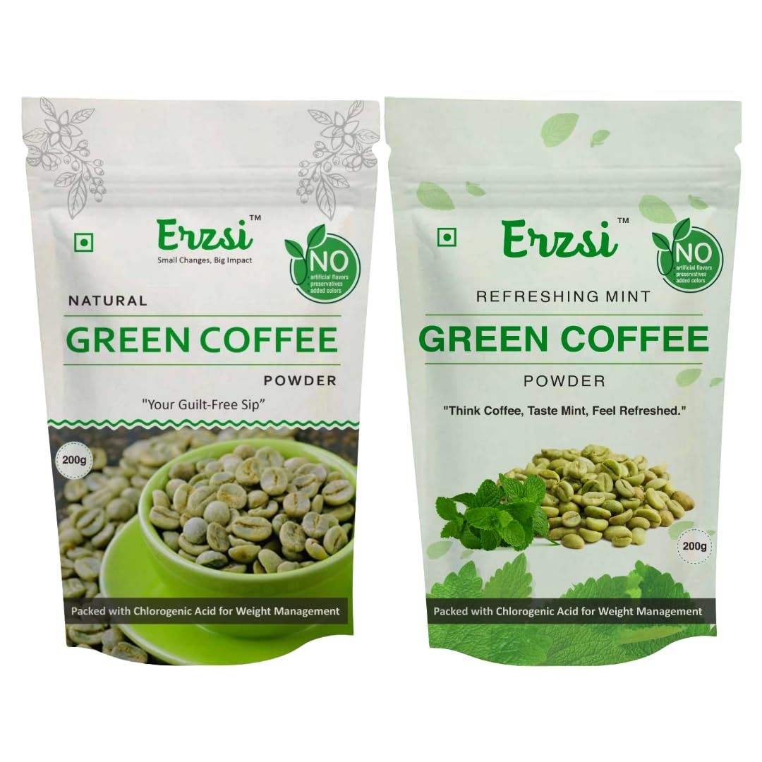 ERZSI Green Coffee Powder Combo Pack - Natural & Mint Flavored | Pure Unroasted Arabica Beans for Weight Loss & Detox | High Chlorogenic Acid | Weight Loss Supplement | 200G Each