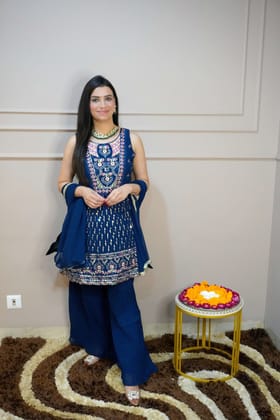 Blue Colour Thread & Sequence Work Kurta with Sharara & Dupatta (Dress have 4 inch of margin both side for alteration as per customer need)-Free Size / Dark Blue