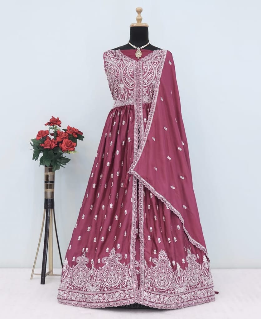 traditional front slit pink chinon anarkali set for women