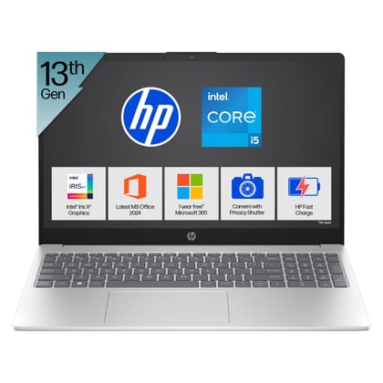 HP 15, 13th Gen Intel Core i5-1334U Laptop (12GB DDR4,512GB SSD) Anti-Glare,Micro-Edge,15.6''/39.6cm, FHD, Win11,M365,Office24, Silver,1.59kg, Iris Xe Graphics, FHD Camera w/Privacy Shutter, fd0575TU 12GB Natural Silver / 12GB