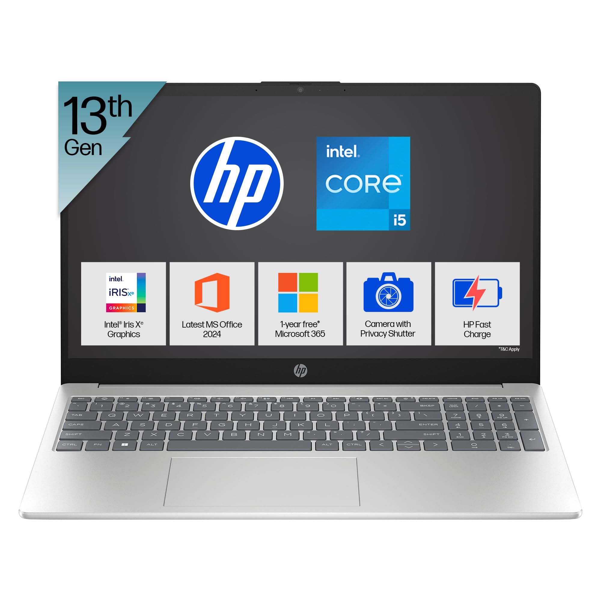 HP 15, 13th Gen Intel Core i5-1334U Laptop (12GB DDR4,512GB SSD) Anti-Glare,Micro-Edge,15.6''/39.6cm, FHD, Win11,M365,Office24, Silver,1.59kg, Iris Xe Graphics, FHD Camera w/Privacy Shutter, fd0575TU 12GB Natural Silver / 12GB