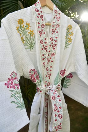 Paanch Buta Handblock  waffle Cotton Bathrobe