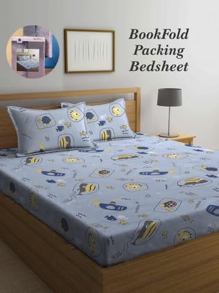 Bookfold Grey & Yellow Conversational Printed 300 TC King Bedsheet & Pillow Covers
