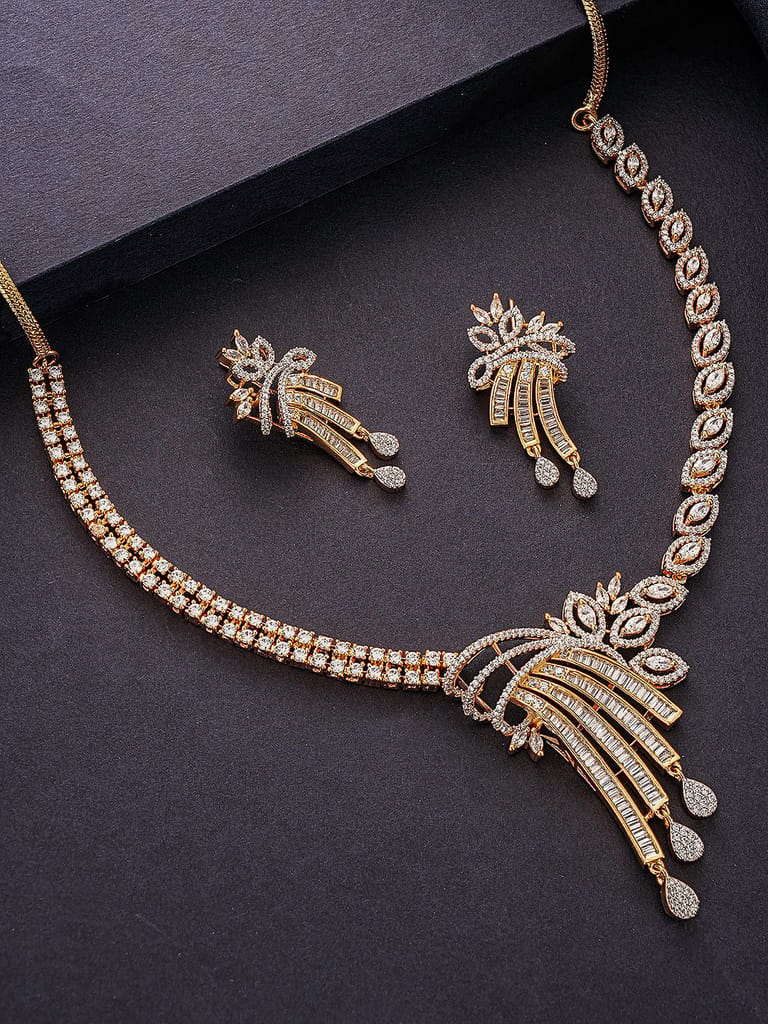 Gold Toned White AD Zircon Studded Peacock Motif Contemporary Necklace Jewellery Set - Jewellery Sets | Buy online on ZillyBuy